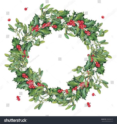 Wreath Of Holly And Mistletoe Sprigs With Berries. Original Watercolor ...