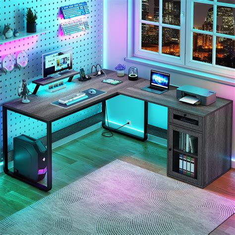 DWVO L Shaped Desk with Power Outlets & LED Lights, Reversible Computer Desk with Drawer, Corner ...