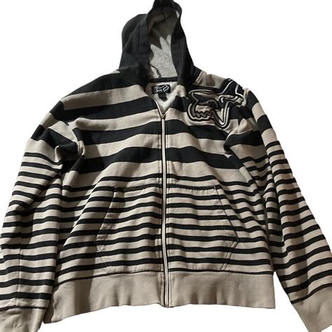 Fox Racing - Black + Grey Striped Zip Up Hoodie /... - Depop