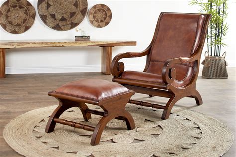 DecMode Large Teak Wood & Brown Leather Chair with Ottoman Set, 36” x ...