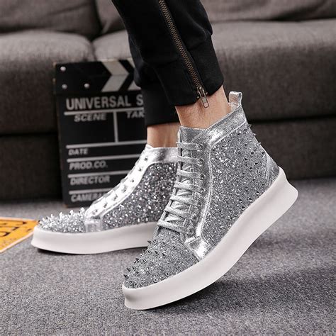 Silver Glitter Bling Bling Spikes Lace Up High Top Mens Sneakers Shoes