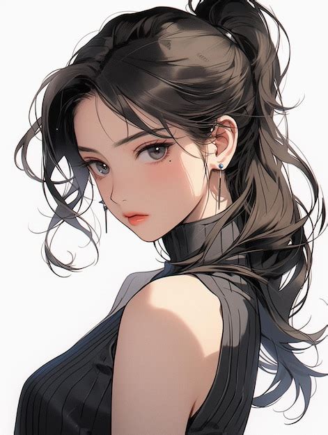 Premium Photo | Anime girl with long hair and ponytail in black dress generative ai