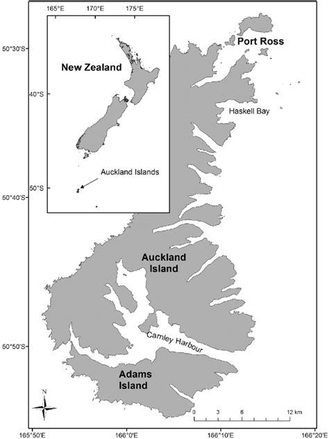 Map of the Auckland Islands showing the study area in and around Port ...