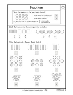 3rd grade Math Worksheets: Fractions: shaded shapes | GreatSchools