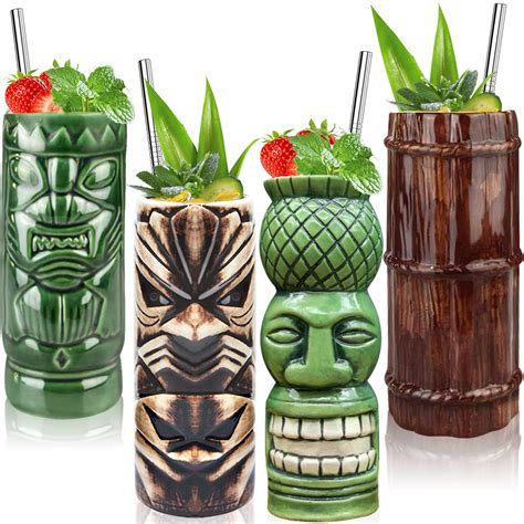 Buy Tiki Glasses Tiki bar Accessories Set of 4 - Tiki Mugs Large Tumblers Ceramic Cocktail Glass ...