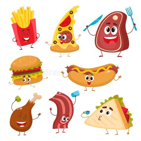 Set of Funny Cartoon Fast Food Characters Stock Vector - Illustration ...