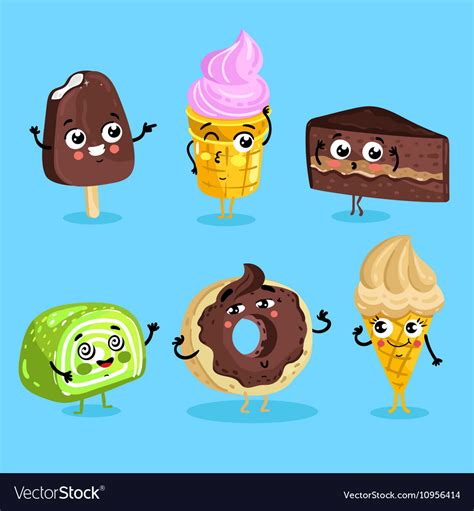 Funny sweet food characters cartoon isolated Vector Image