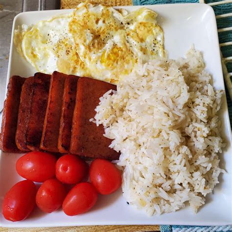 Filipino Brunch- Spamsilog- Tocino flavored spam, garlic fried rice, eggs over easy, and cherry ...