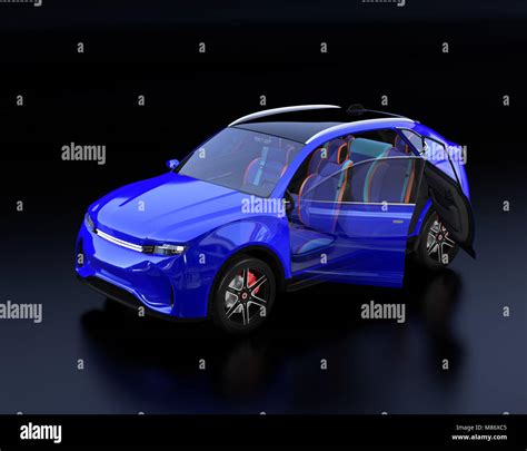 Metallic blue Electric SUV interior on black background. 3D rendering ...