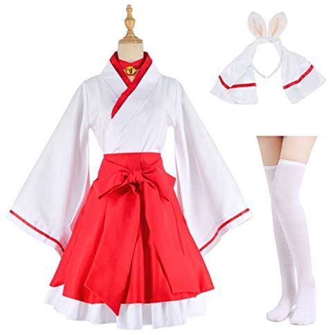 Japanese Anime red and White Kimono Fox Cosplay Costume with Socks ...