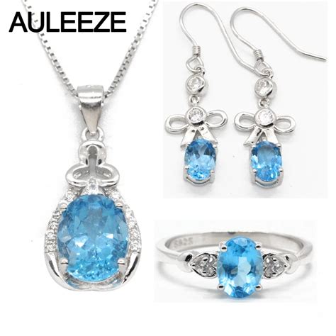 Natural Blue Topaz Jewelry Set For Women Real 925 Sterling Silver Topaz Necklace/Earrings/Ring ...