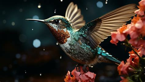 Hummingbird flying, feathers spread, vibrant colors, nature iridescent beauty generated by AI ...