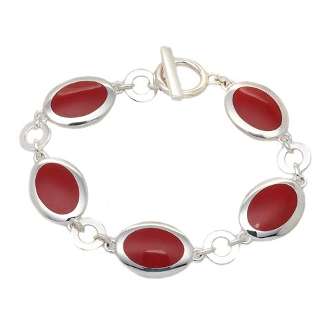 Tuscany Silver Sterling Silver Red Synthetic Coral Oval Link Bracelet ...