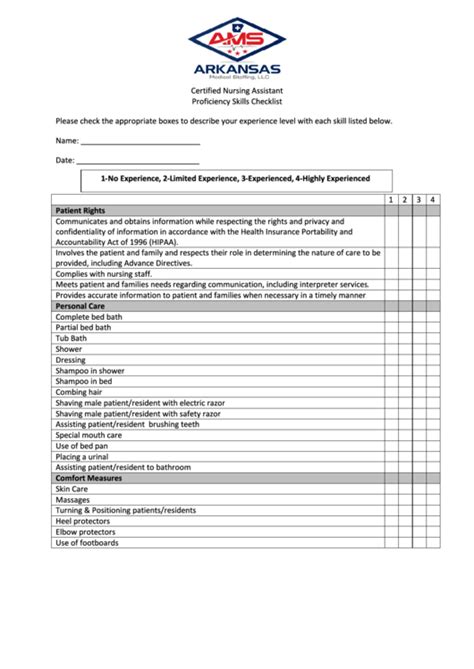 Ams Cna Skills Checklist printable pdf download