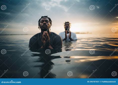 Baptism. Two African American Men Praying Together in the Water at Sunrise Stock Illustration ...