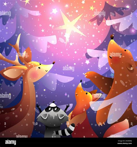Winter Night Animals in Woods Looking Stars in Sky Stock Vector Image & Art - Alamy