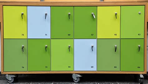 green, brown, blue, wooden, locker cabinet, locker, closing ...