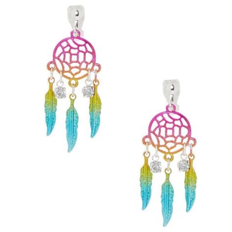 1.5" Rainbow Dreamcatcher Clip On Earrings | Clip on earrings, Dream catcher earrings, Feather ...