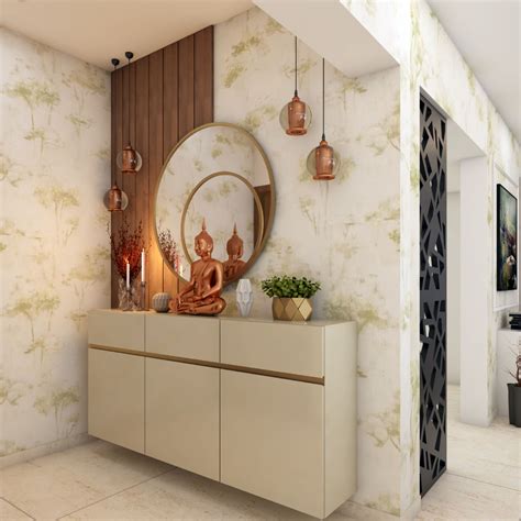 Foyer Design With Wallpaper And Wall Mounted Storage | Livspace