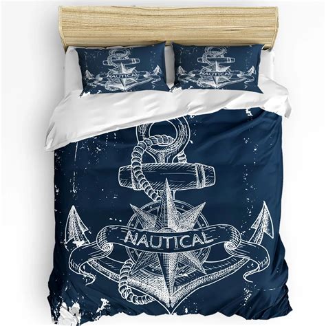 Nautical Bedding Set For Bedroom Bed Home Sea Objects on Wooden Backdrop with Vintage Boa Duvet ...