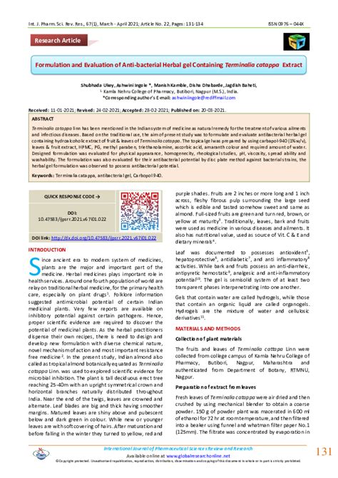 (PDF) Formulation and Evaluation of Anti-bacterial Herbal Gel Containing Terminalia catappa ...