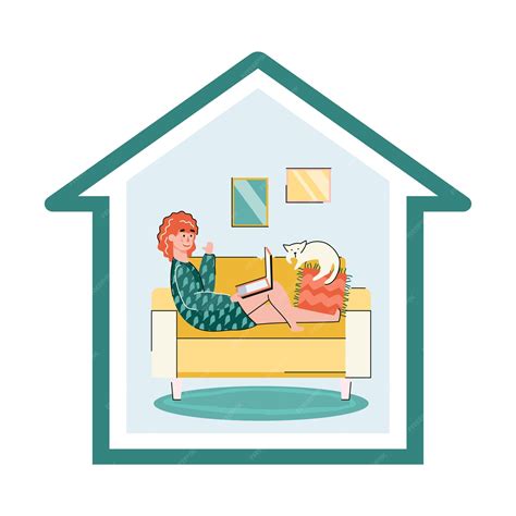 Premium Vector | Stay home poster with cartoon woman using laptop on sofa in house frame