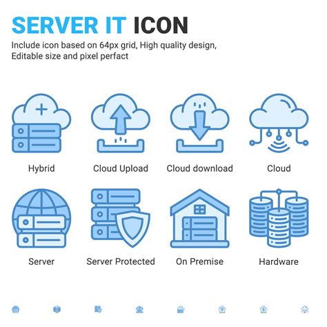 Server IT and technology icon set. Editable size. With blue ui style on isolated white ...