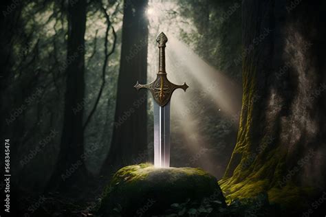 Sword King Arthur Excalibur in a stone in the forest, a ray of light reflected on the sword ...