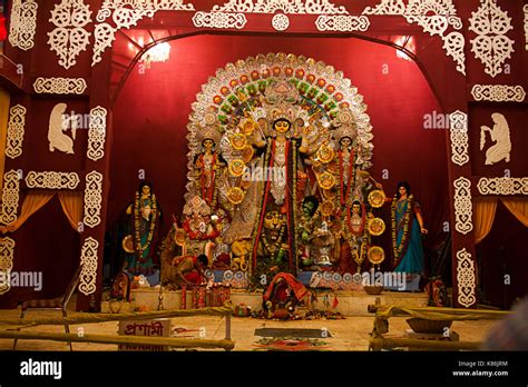 Goddess Durga, a pandal display during Durga Puja in Delhi, India Stock ...