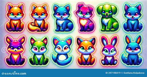 Set of Bright Neon Stickers of Funny Animals Stock Illustration ...