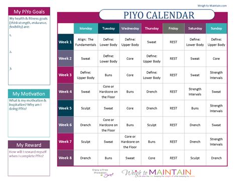 Piyo 8 Week Calendar | Calendar Printables Free Templates