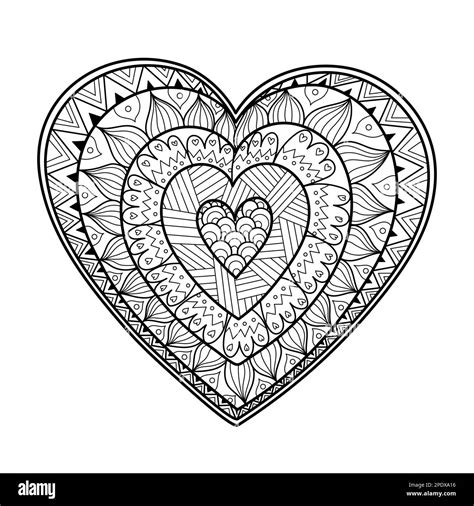 Heart mandala coloring page. Black and white love pattern for antistress coloring book Stock ...