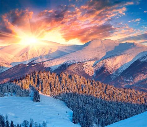 Colorful Winter Sunrise in the Mountains. Dramatic Sky. Stock Image - Image of season, color ...