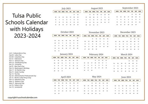 Tulsa Public Schools Calendar with Holidays 2023-2024