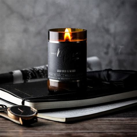 LEATHER & WOOD - Wood Wick Reclaimed Beer Bottle Candle - Mojo Candle Co