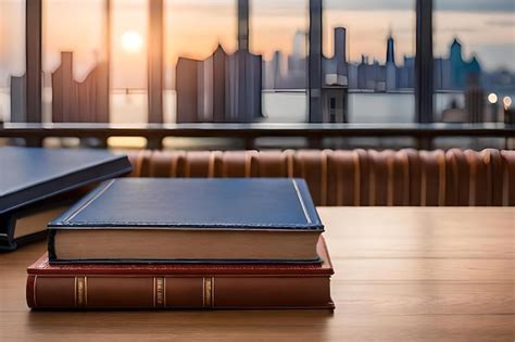 Premium Photo | Books on a desk with a view of manhattan in the background