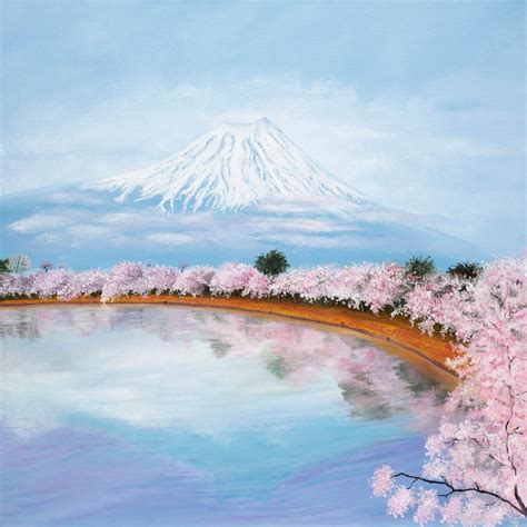 Icon Mt Fuji With Sakura Cherry Blossom Japanese Landscape Original Oil Painting Framed Canvas ...