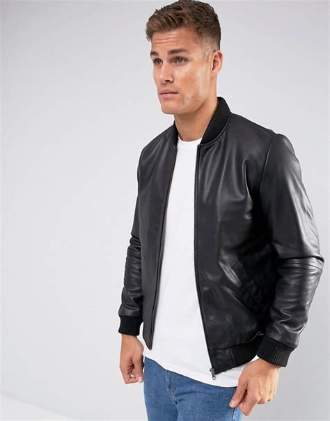 ASOS DESIGN leather bomber jacket in black | ASOS