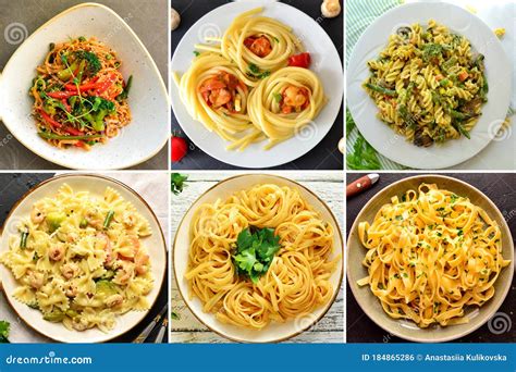 Italian Cuisine. Pasta Varieties of Pasta and Dishes. Food Collage. Collage Pasta in the Plate ...