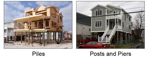 Two photos of Photo of a coastal home being built with a pile foundation and a house built with ...