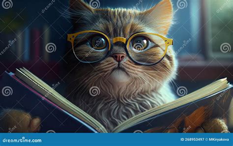 Funny Cat in Eyeglasses Reading Book. Knowledge Day or Book Day Concept. AI Generative ...