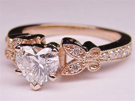 Engagement Ring -Heart Shape Diamond Butterfly Vintage Engagement Ring & Matching Wedding Band ...