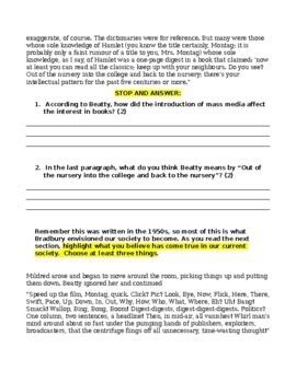 Fahrenheit 451 Close Reading of Beatty's Lesson for Montag - with KEY