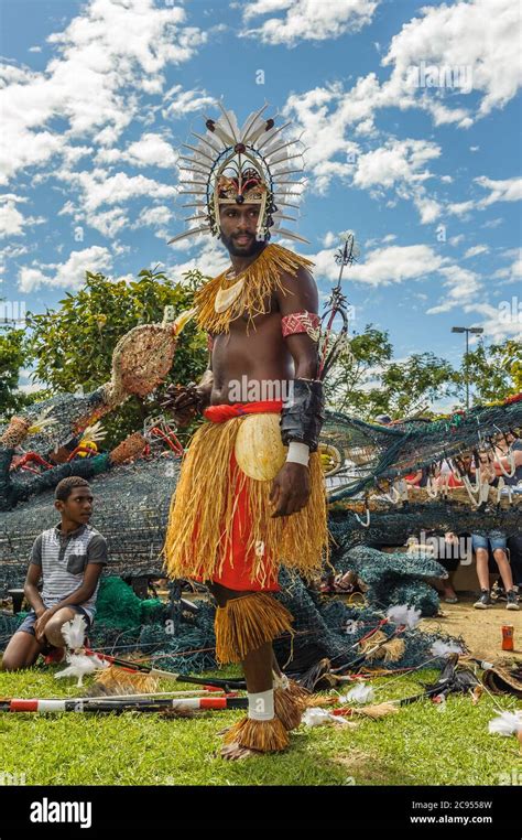 Torres Strait Island dancers in spectaular costumes and iconic headress perform at the ...