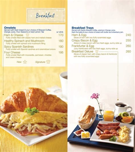 the breakfast menu is displayed on a plate with croissants, eggs and bacon