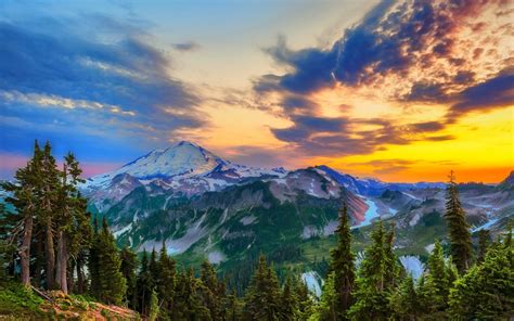 Download Sunset Sky Forest Mountain Nature Landscape Wallpaper