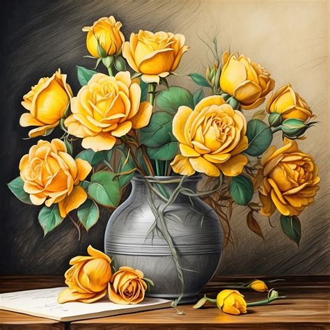 Yellow Roses In Vase Drawing Art Free Stock Photo - Public Domain Pictures