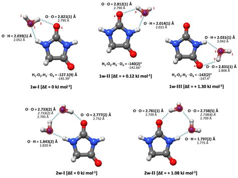 Complexes of hydantoin with one (upper row) and two water molecules ...