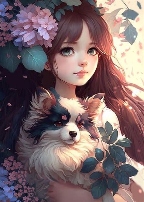 Cute Floral Anime girl With Her Dog - Anass Benktitou - Drawings & Illustration, People ...