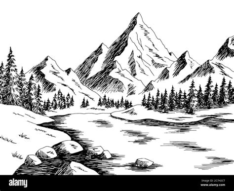 Mountain lake graphic black white landscape sketch illustration vector ...